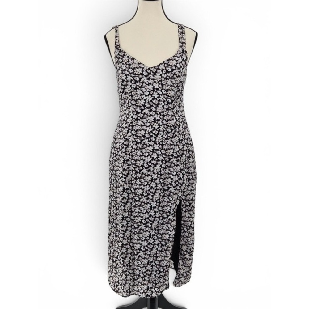 Abercrombie & Fitch Black Floral Midi Slip Dress S Viscose Side Slit Date Night - Picture 2 of 14